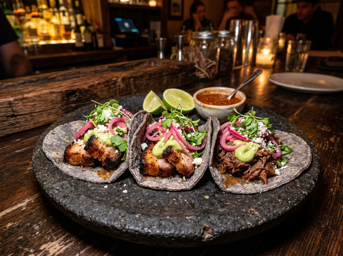 Tacos de Lechón Crujiente en Maíz Azul